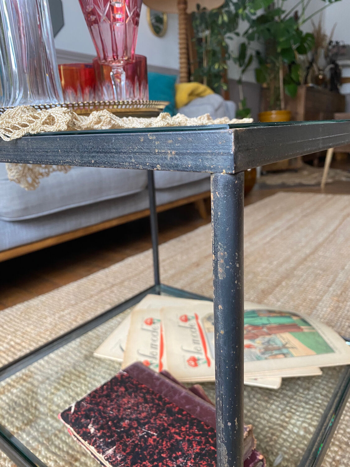 Glass and wrought iron coffee table design