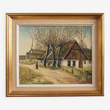 Tableau « La ferme sous les saules », design scandinave, années 1960