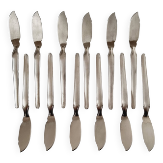 Set of 12 vintage fish knives in Beeck 18 stainless steel matte finish