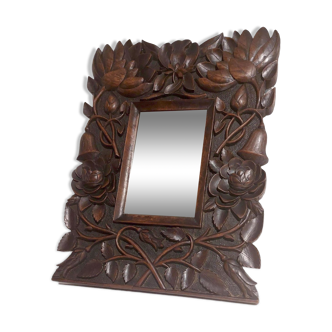 Miroir arts & crafts en palissandre massif decor vegetal, 1900s