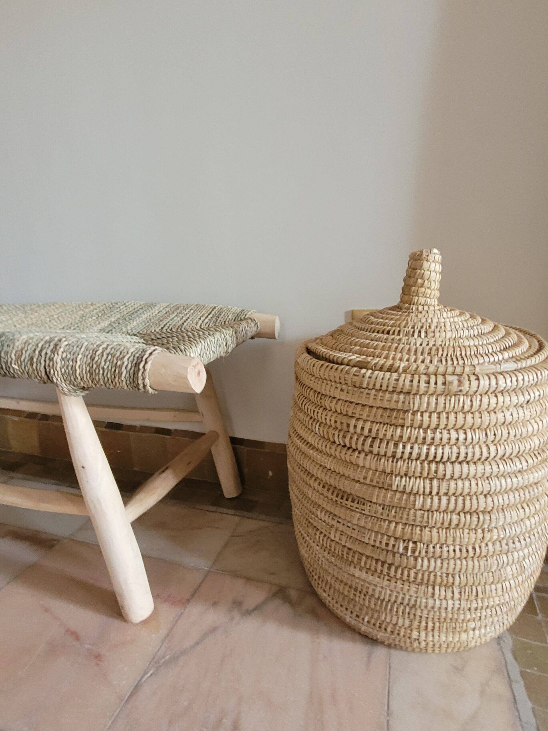 Eucalyptus wood bench and braided doum.