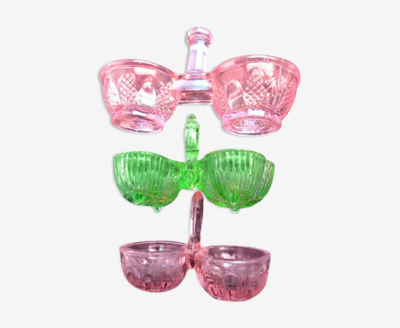 Lot de 3 salières art déco 2 en verre rose, 1 panier en verre vert