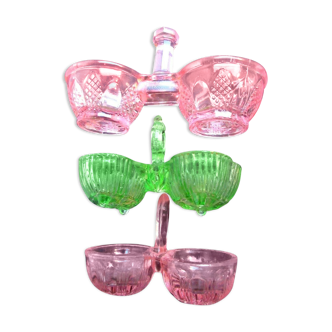 Set of 3 Art Deco Salt Shakers 2 in pink glass, 1 basket in green glass