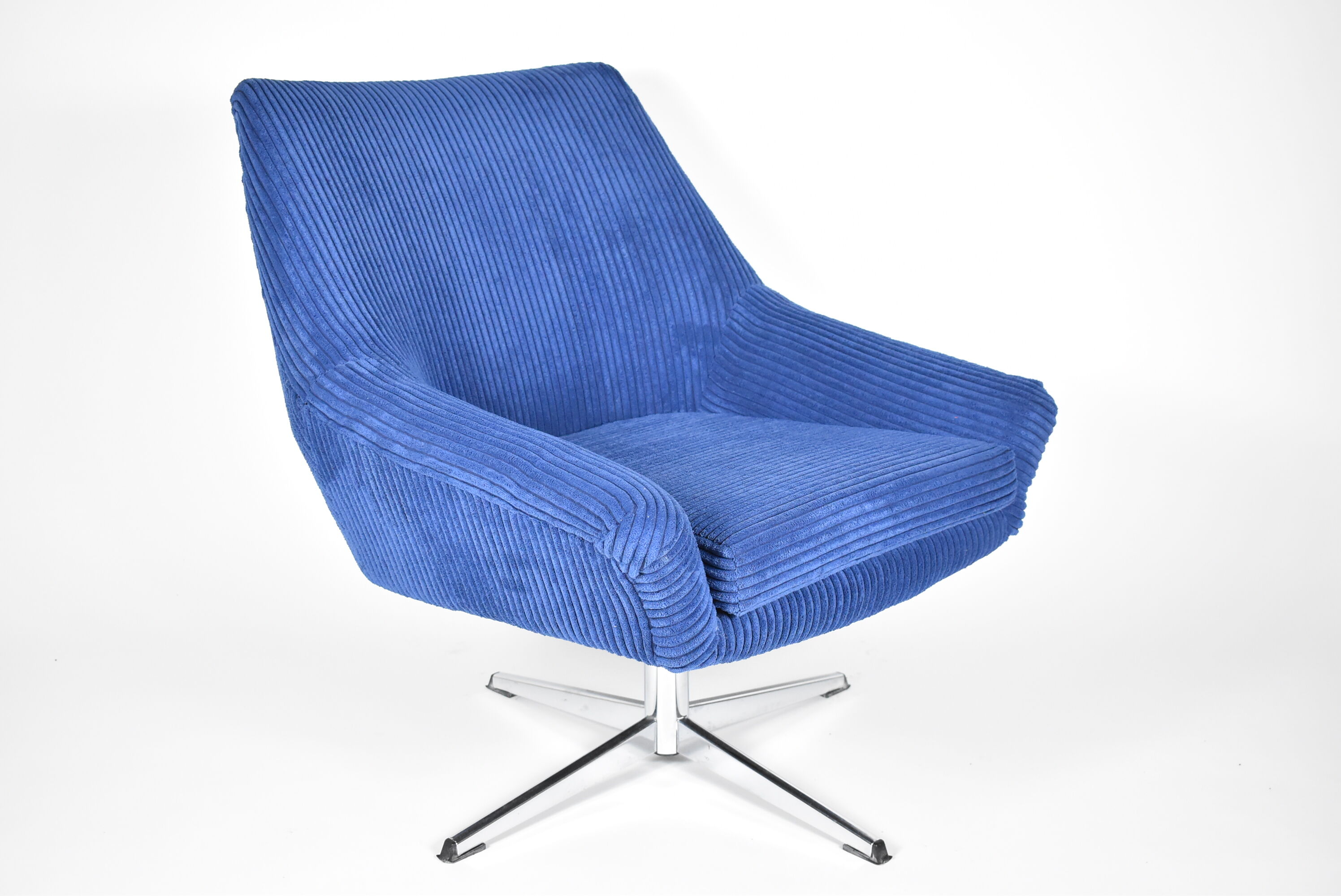 Vintage cord armchair shell, Deutsche democratic republic, ddr, 1960s, blue, chrome