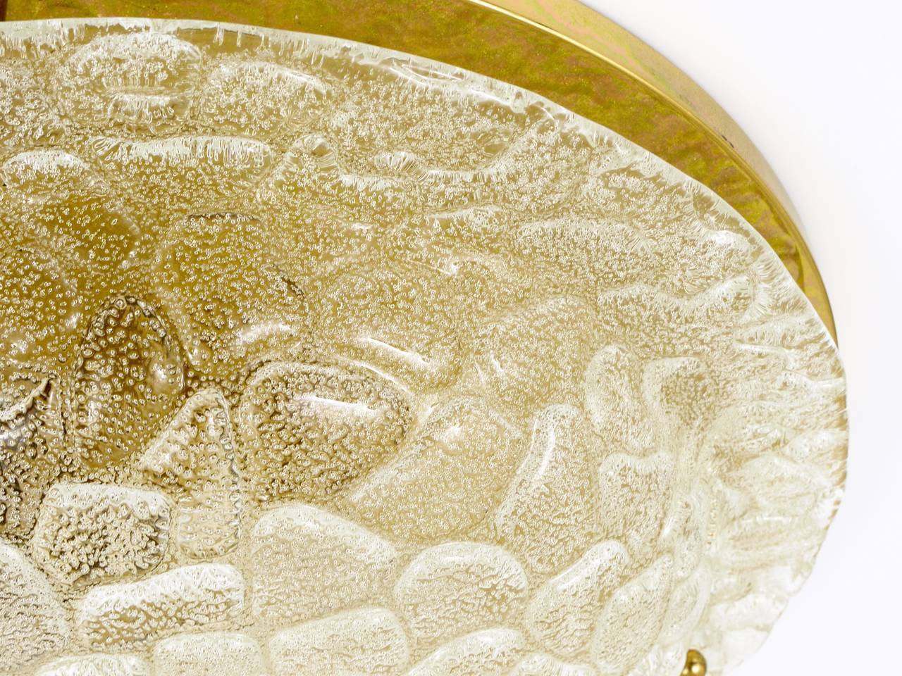 Large Hillebrand ceiling light in textured bubble glass and brass, Germany, 1970s.