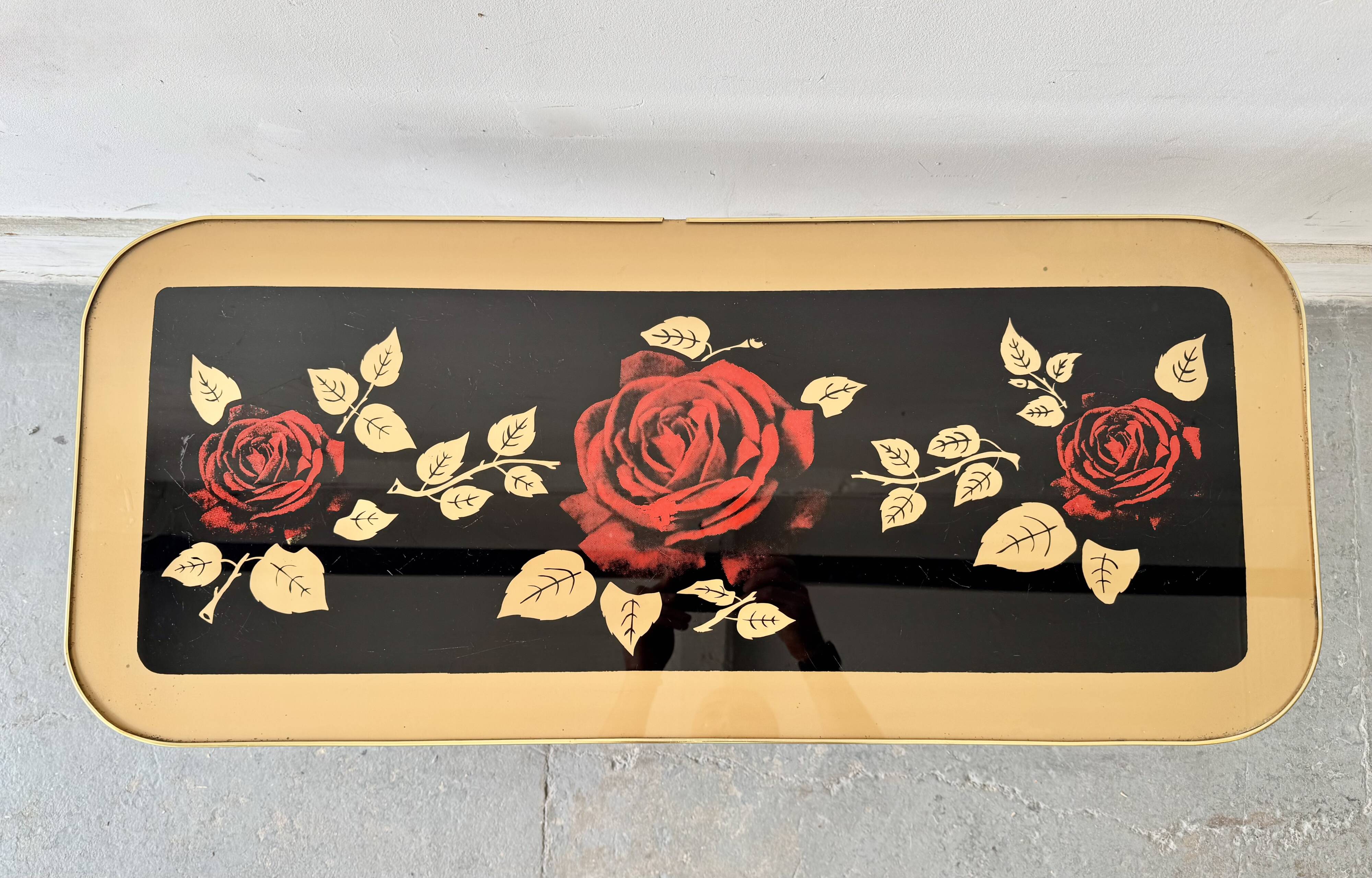 Vintage Coffee Table Floral Glass Top Tapered Legs