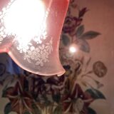 Antique jeweller's lamp, silver-plated base, frosted pink glass shade.