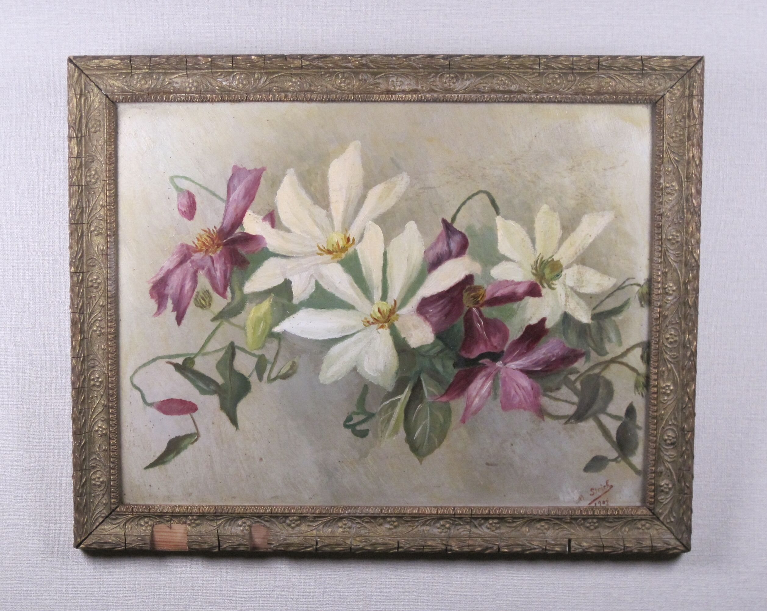 Oil on panel painting hsp white & purple clematis signed m. strich 1904