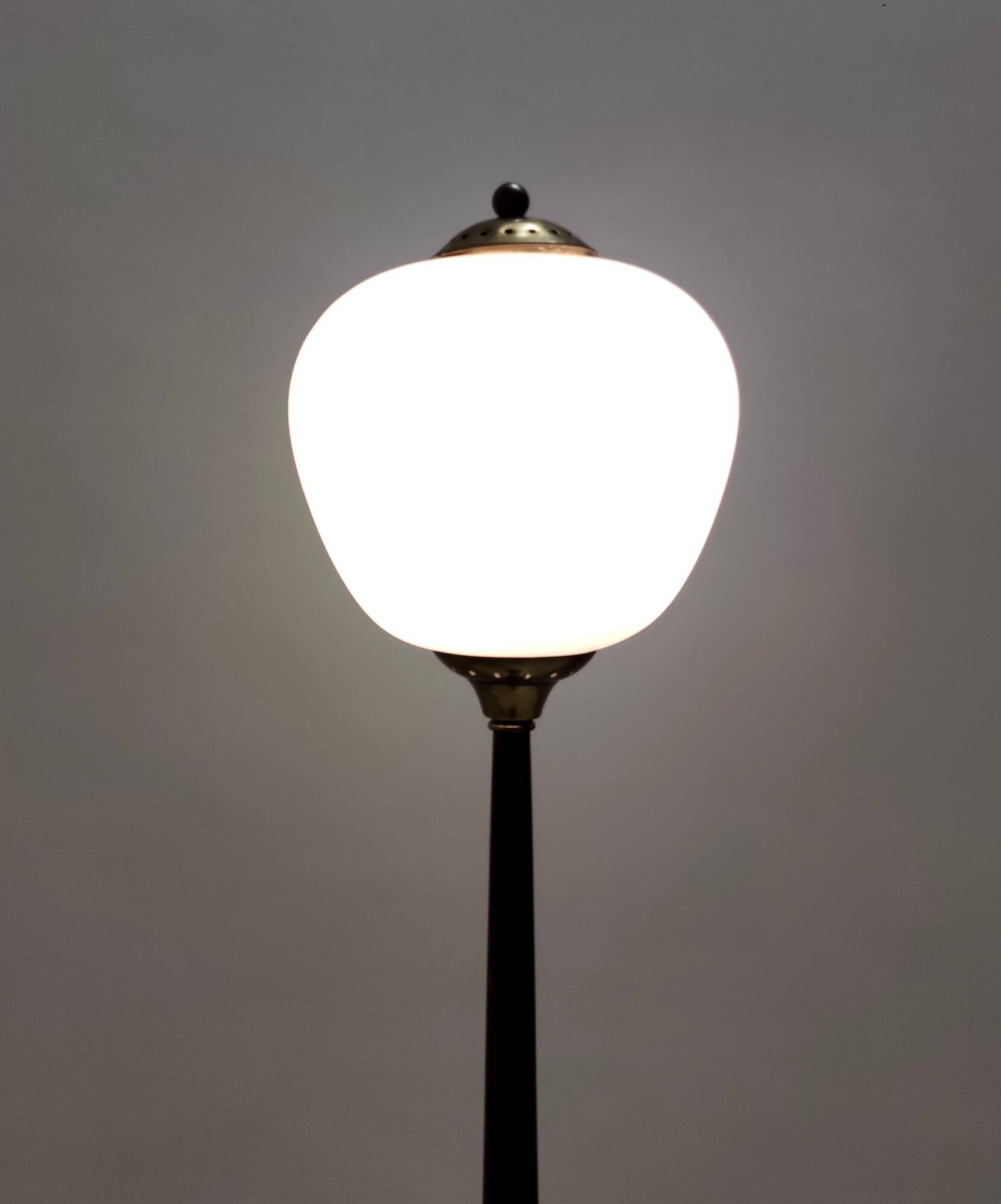 Opaline Glass, Beech and Brass Floor Lamp with Marble Base, Italy