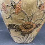 Vase, oblong shape, solid brass, bronze color, cloisonné enamel, floral decoration, flower, orange