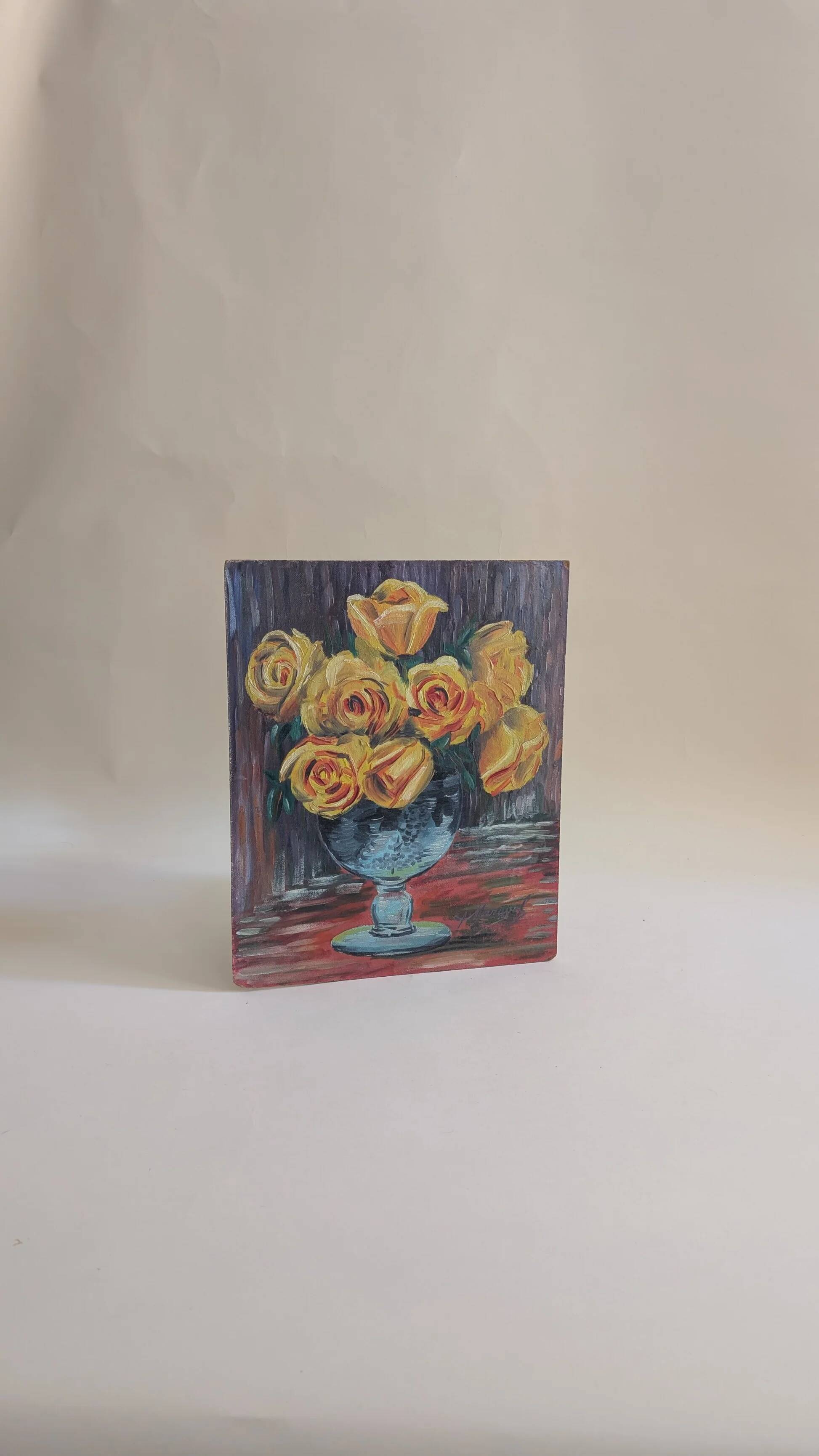Vintage painting, bouquet of yellow roses