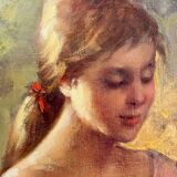 Oil on canvas signed ruggero serrato "young girl with apples"