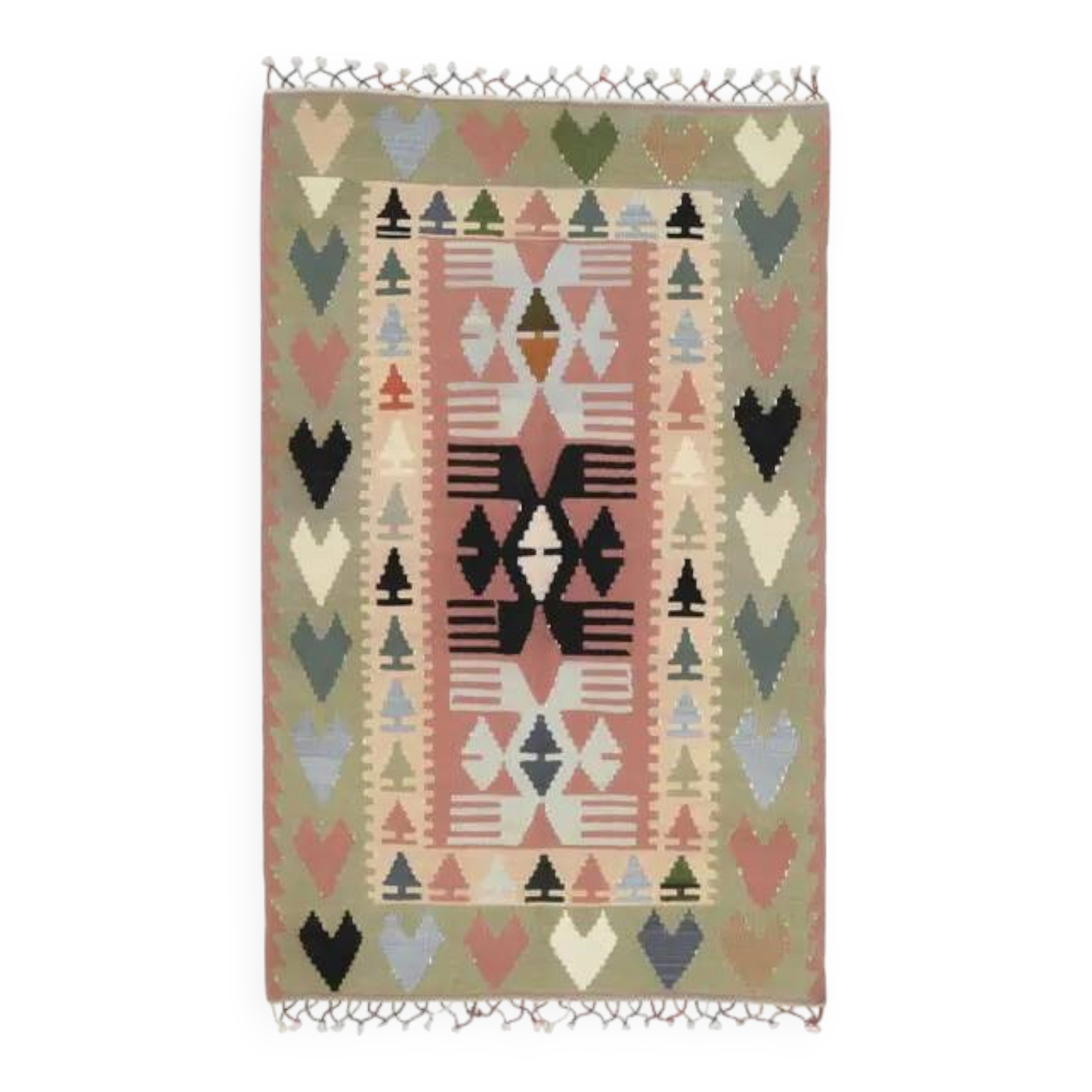 1970s Vintage Turkish Oushak Handmade Wool Cotton Green Runner Rug 107x175