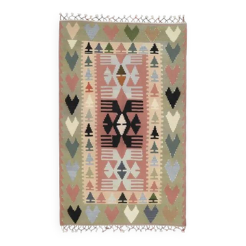 1970s Vintage Turkish Oushak Handmade Wool Cotton Green Runner Rug 107x175