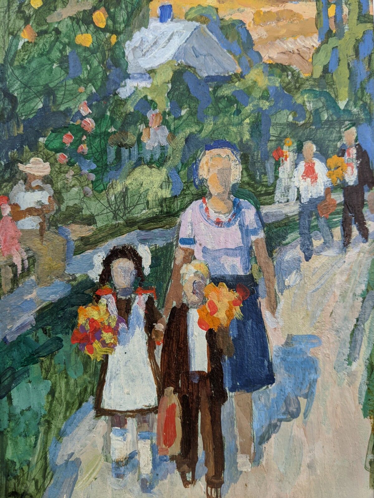 Vintage Framed Street Scene in Oil - 'Off to School'