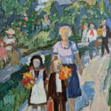 Vintage Framed Street Scene in Oil - 'Off to School'