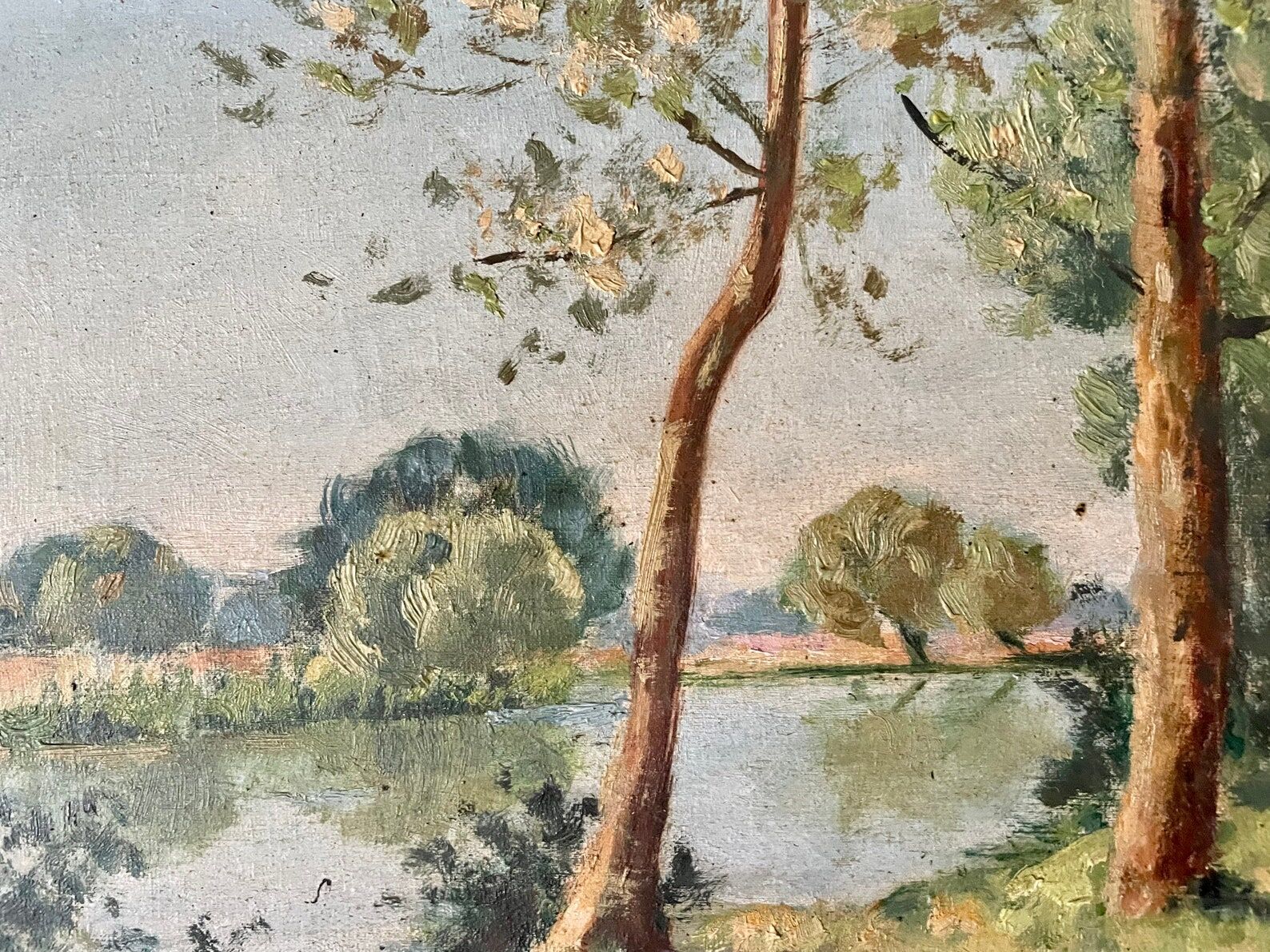 1940s French Landscape oil painting on canvas River, trees and path