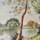 1940s French Landscape oil painting on canvas River, trees and path