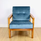 Wooden vintage armchair brown sea blue design by Z. Bączyk - light wood