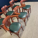 Set of 6 bistro armchairs in Plamette and green skai from the 80s France