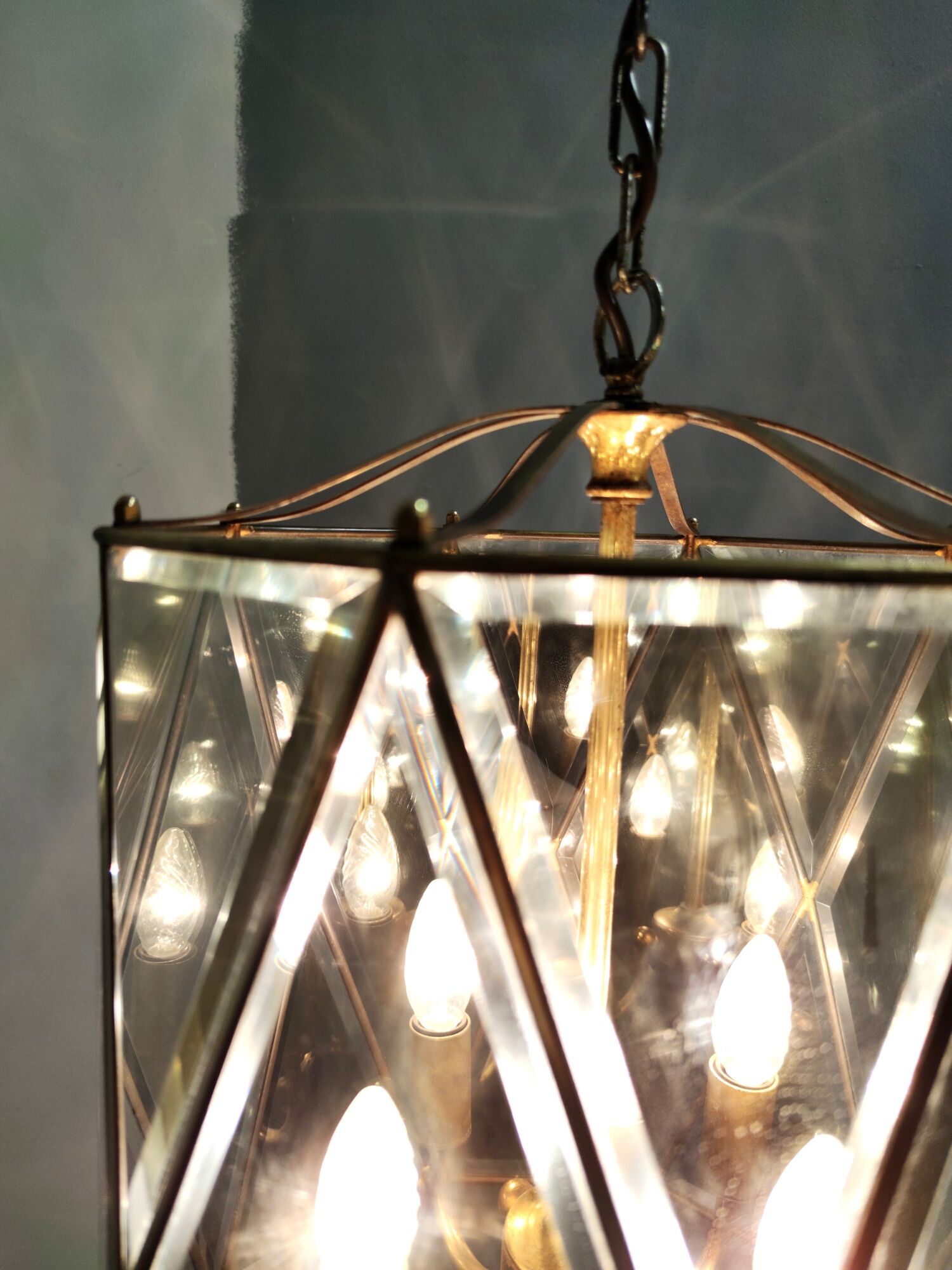 Vintage handmande octagonal glass and brass pendant lantern, Italy