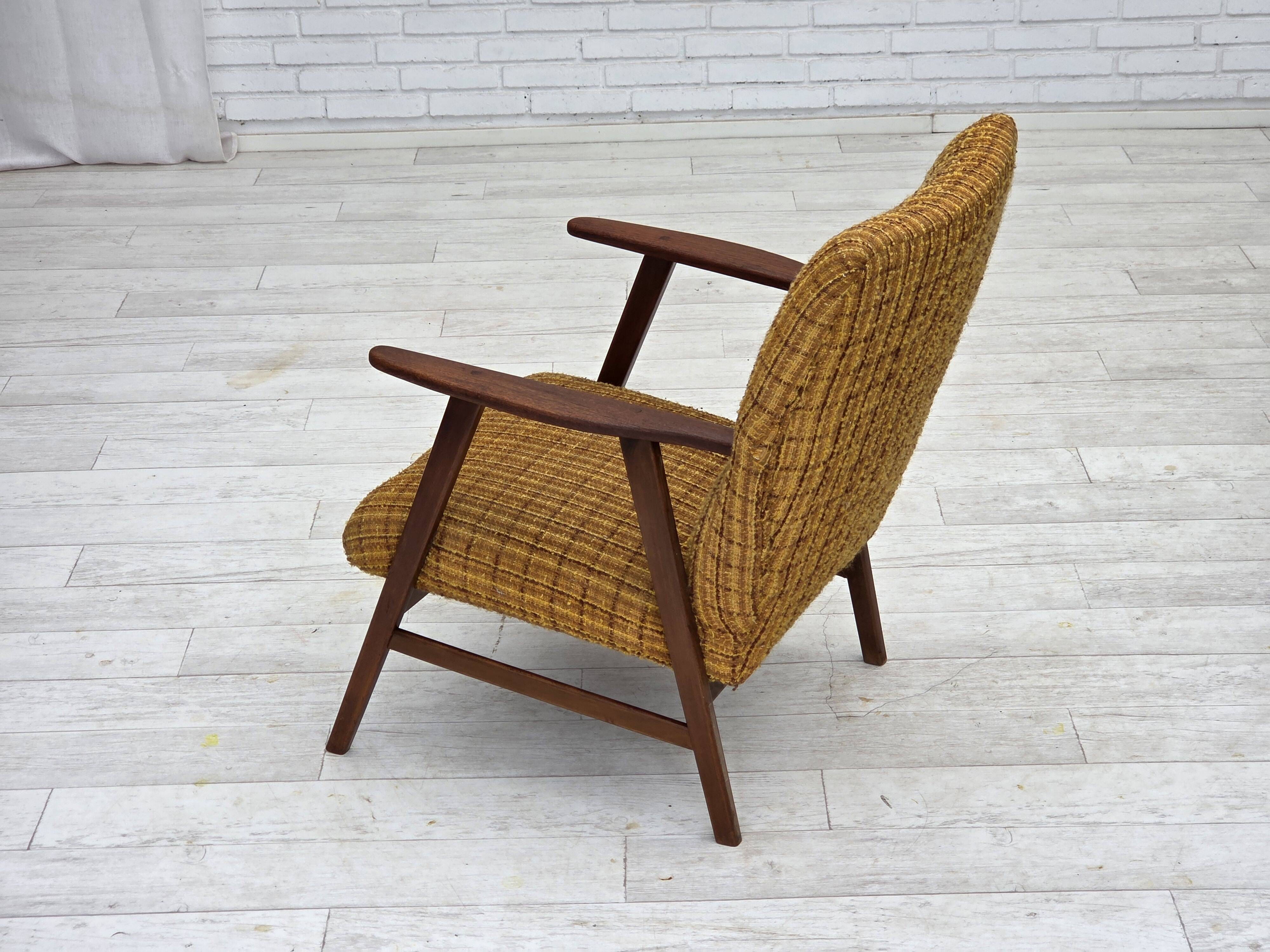 1960s, Danish armchair, furniture wool fabric, teak wood, oak wood.