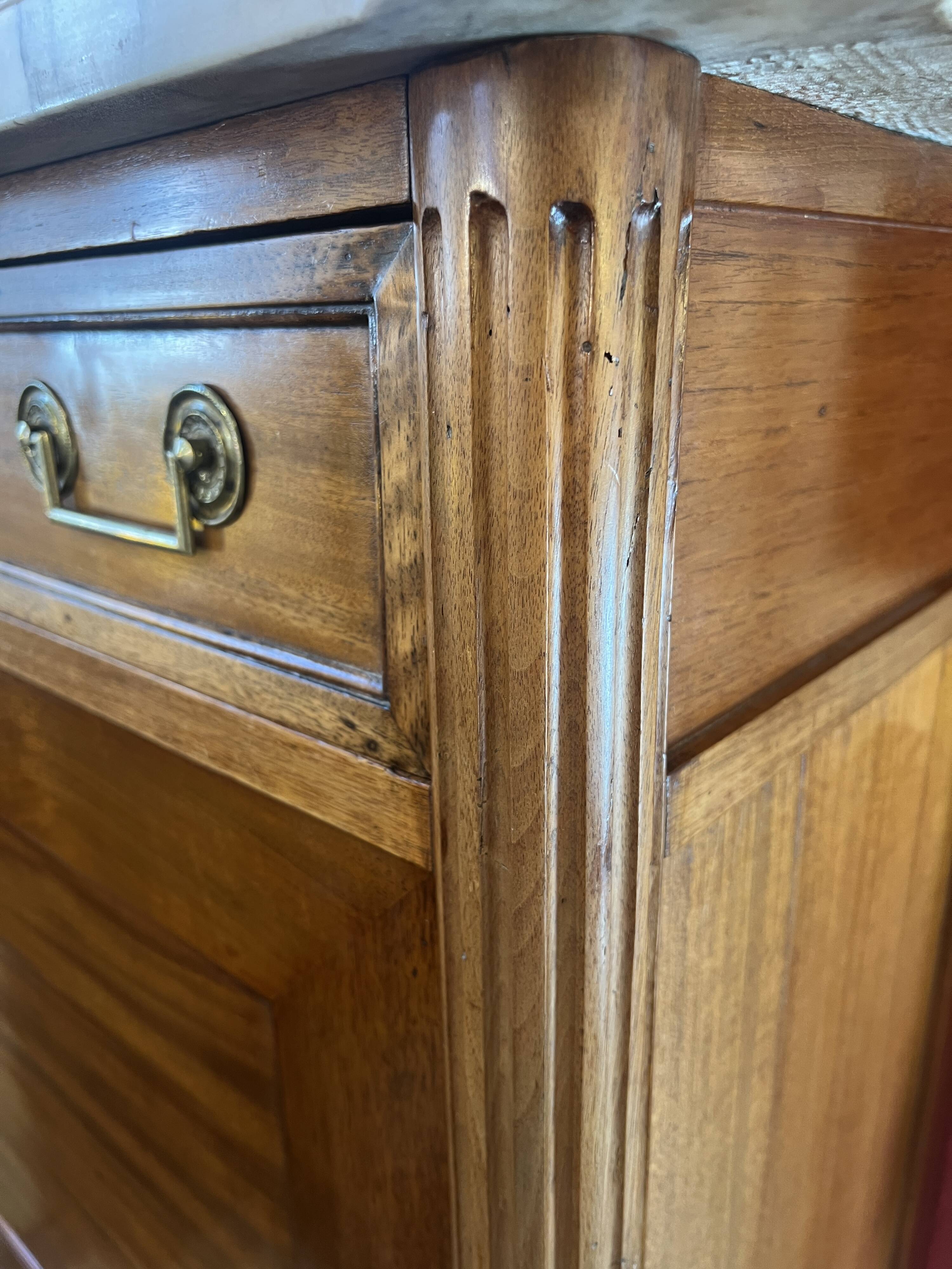 Louis XVI period mahogany secretary, white marble top, clover lock