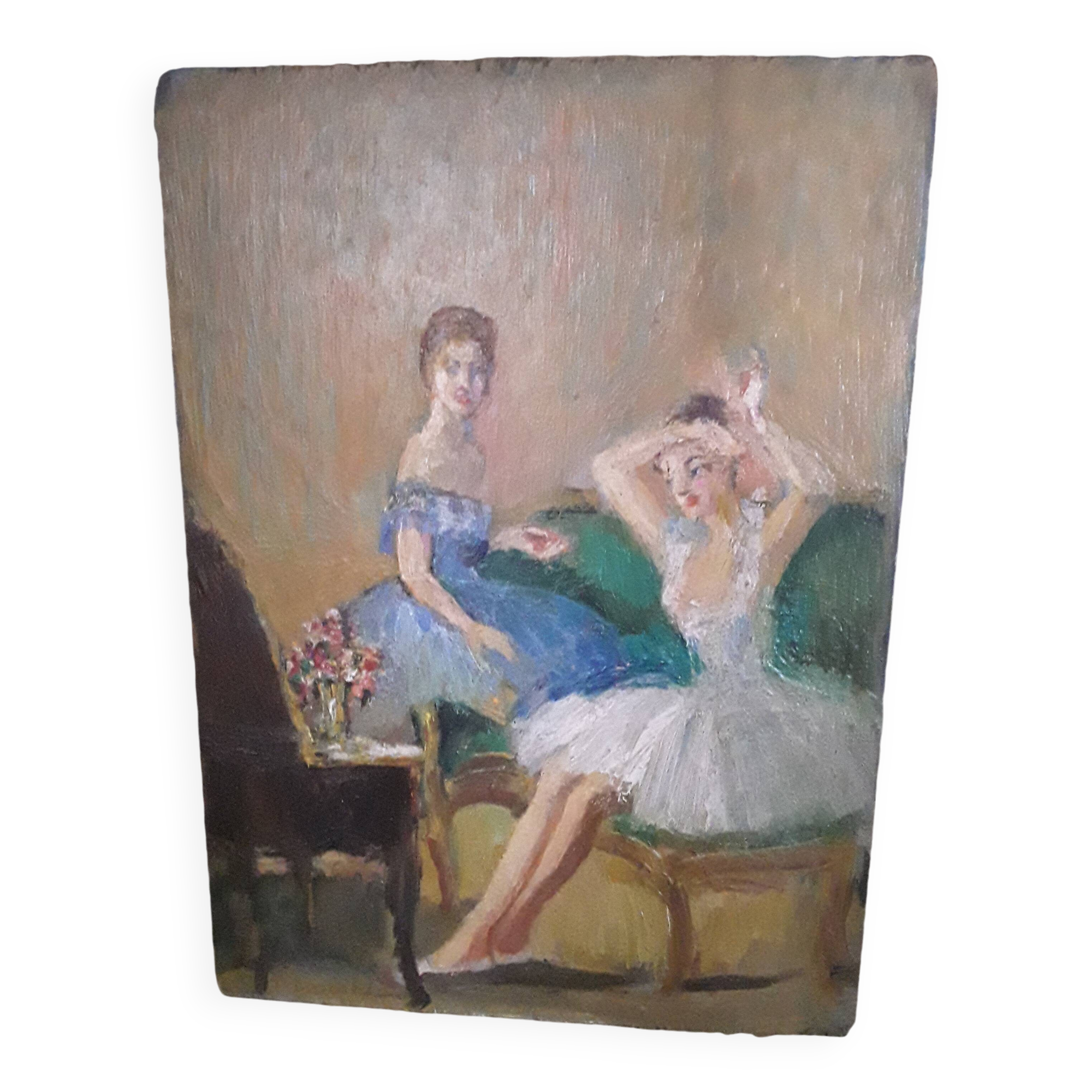 Oil on cardboard dancers early 20th century signed