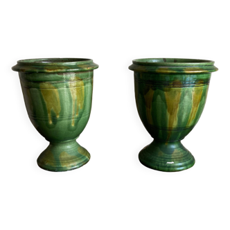 Pair of antique Anduze vases, green glazed terracotta planters
