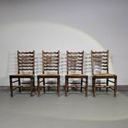 Set of 4 oak, rustic, farmhouse, ladderback dining chairs with rush seats 1960s
