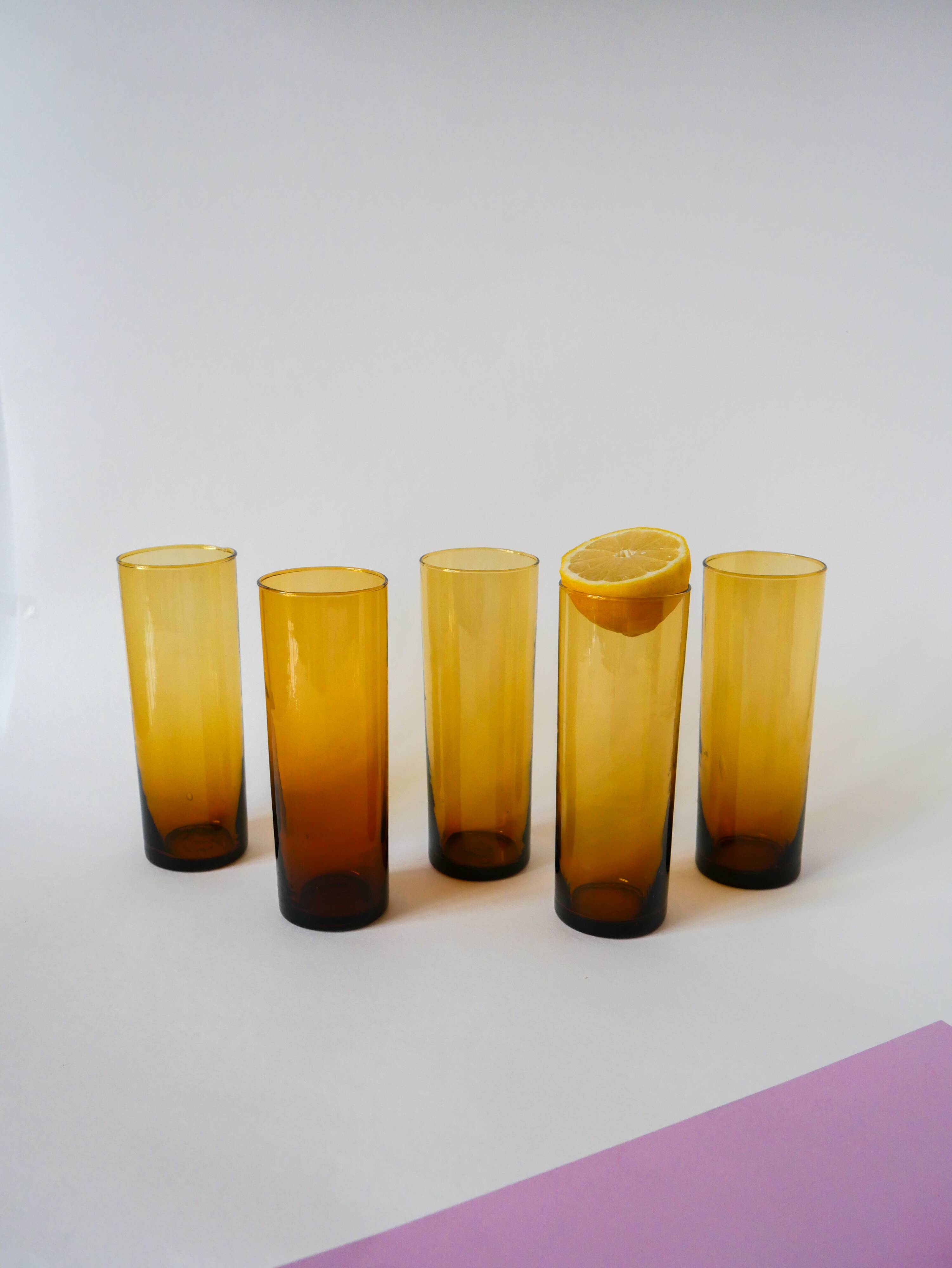 Set of 5 amber Long Drink glasses, 1970