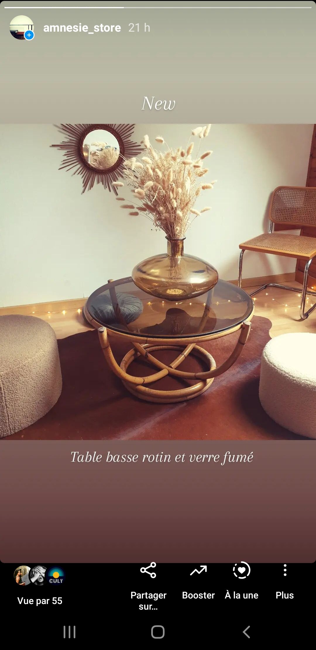 Table rotin ronde vintage verre fumé