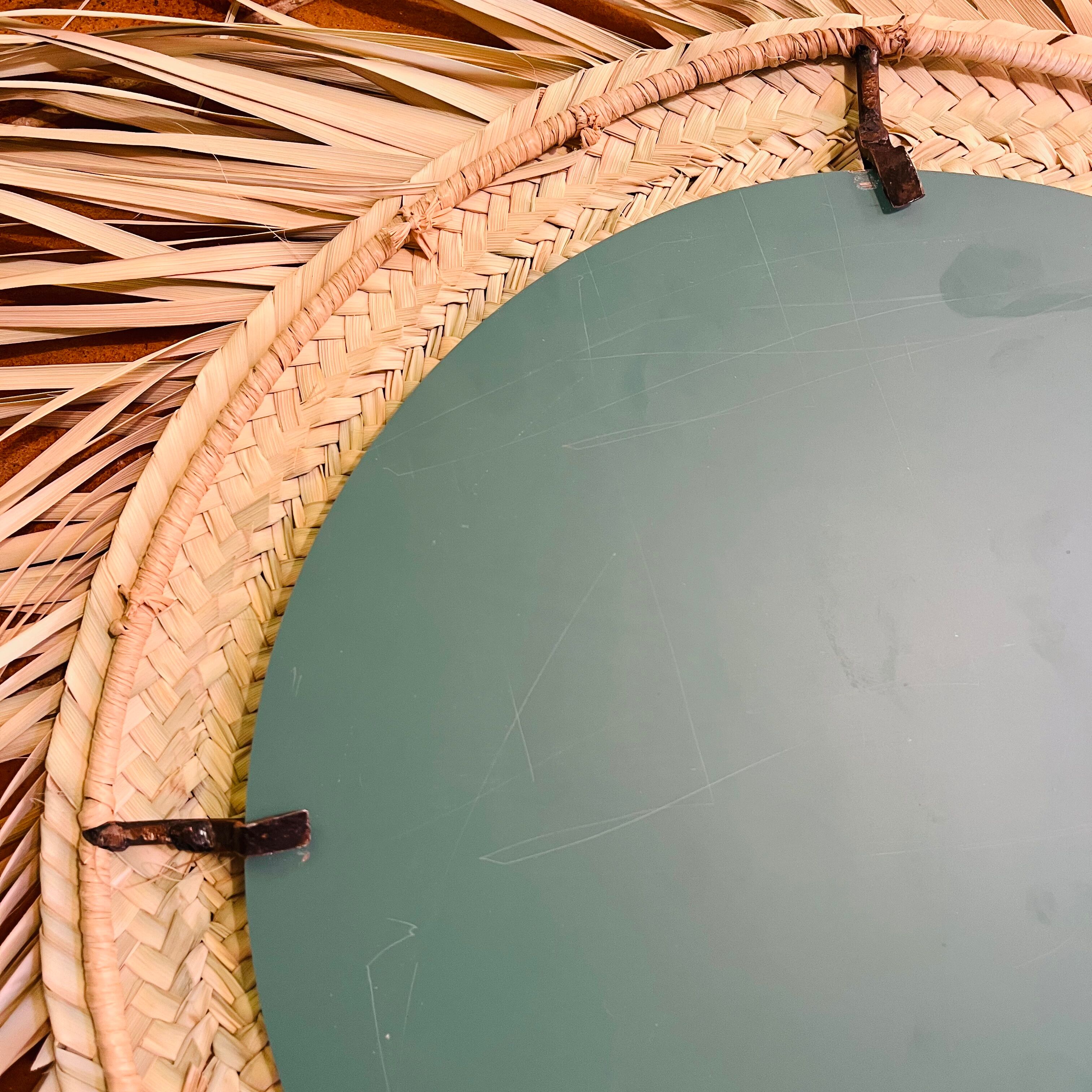 Round straw mirror with fringe, 80cm