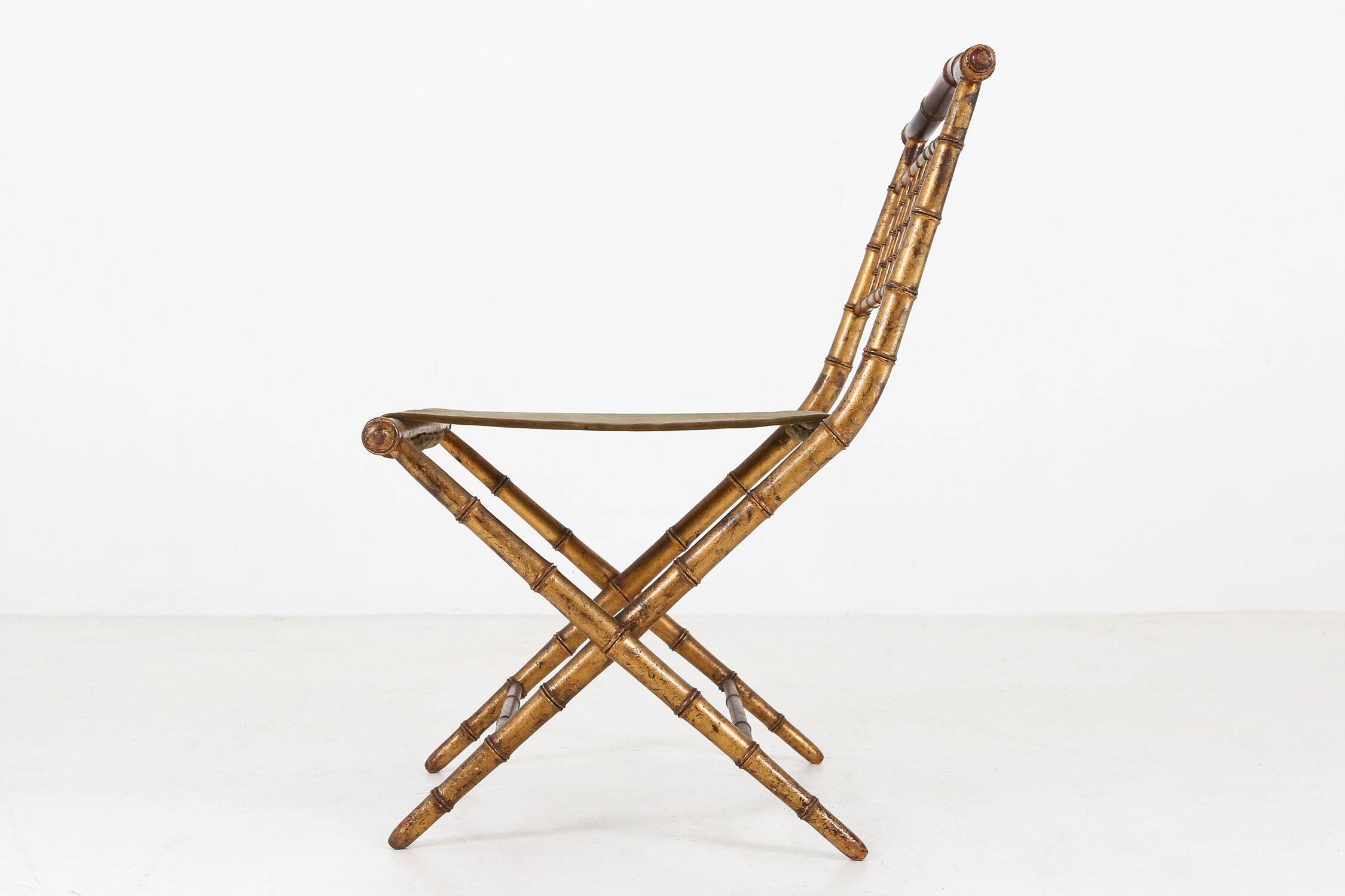 Chaise pliante en faux bambou en bois doré et tissu vert, France vers