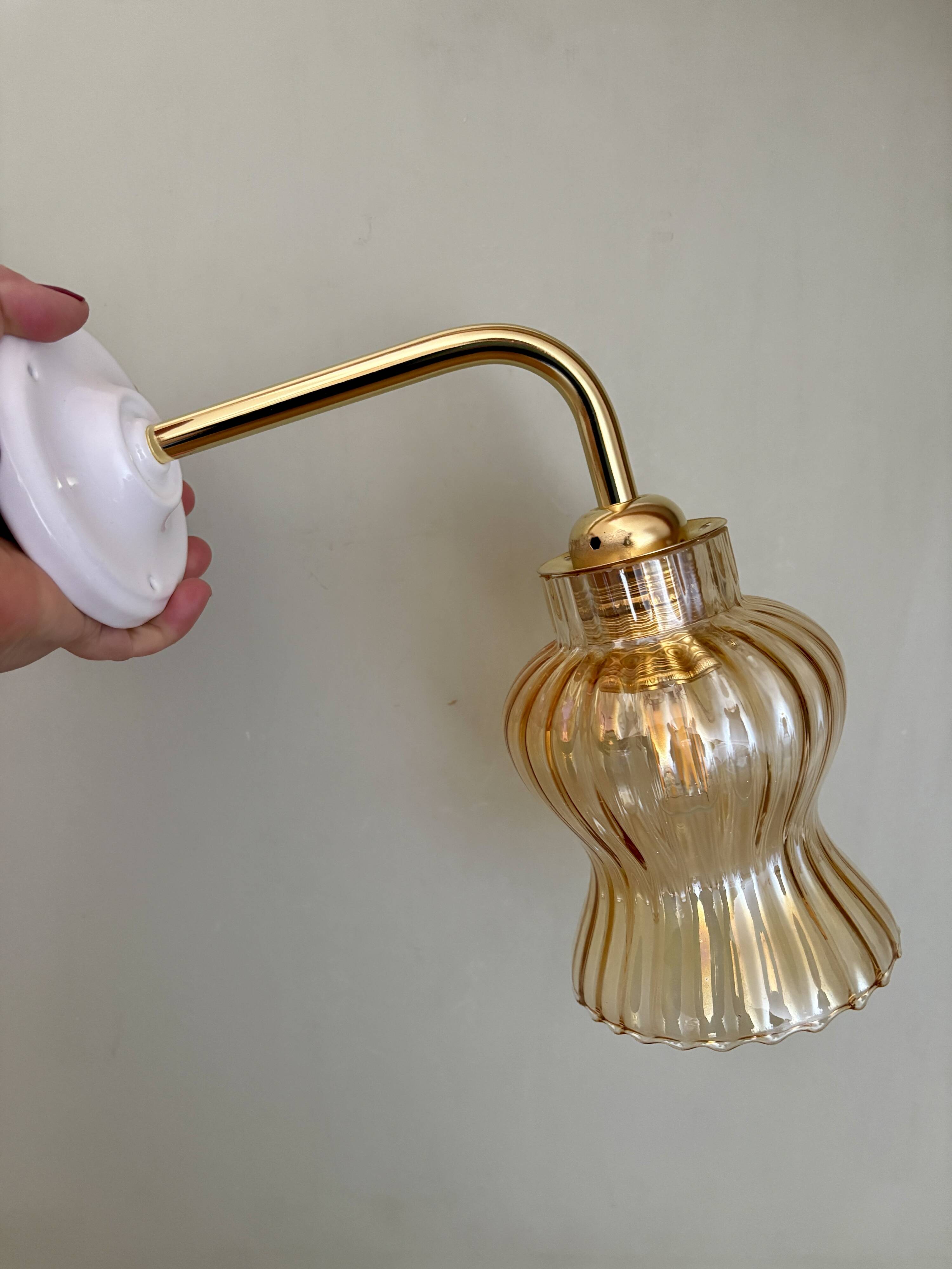 Vintage tulip angled wall light in amber glass