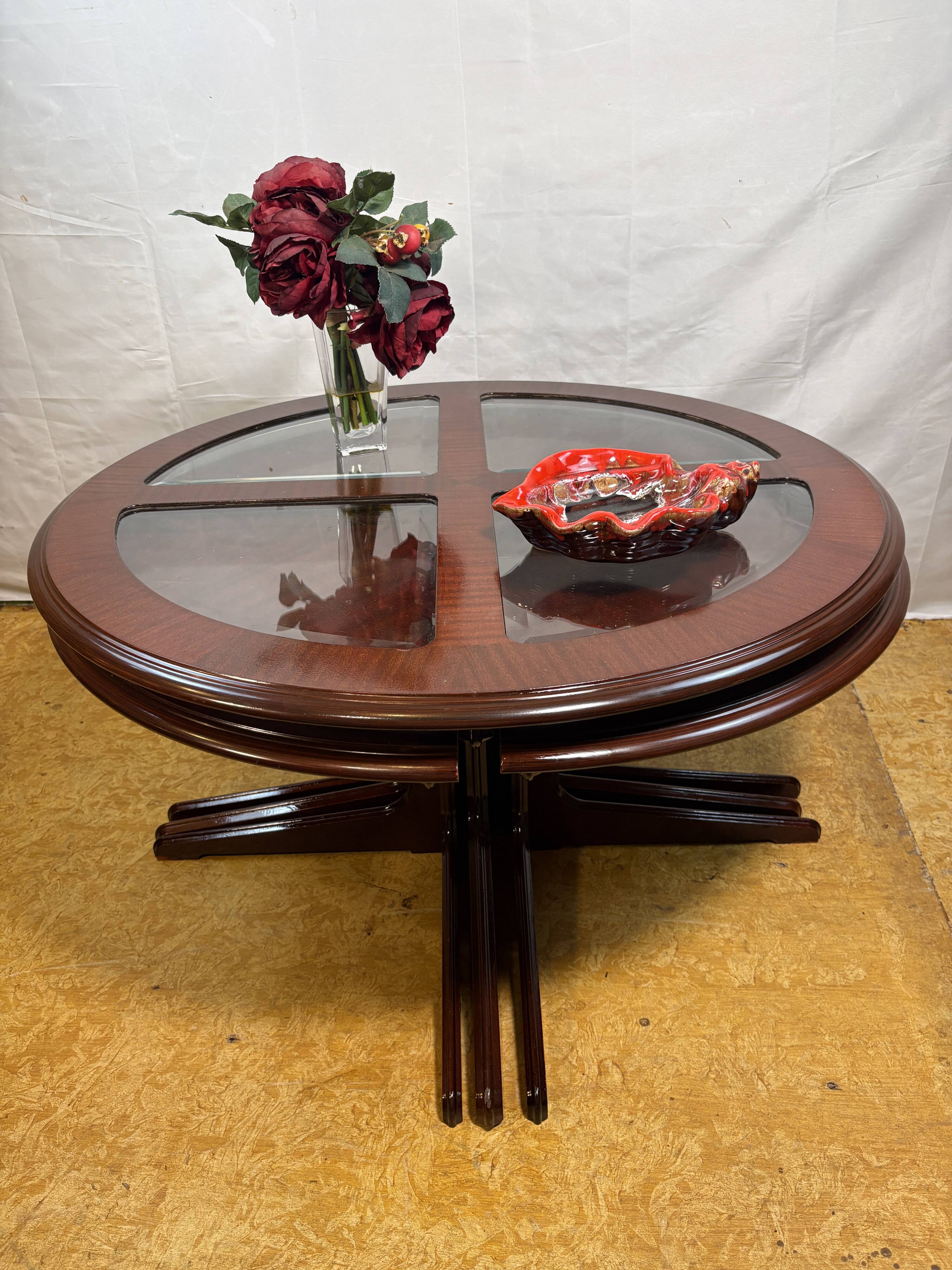 Vintage G-Plan Round Coffee Table & 4 Nested Stools | 1970s | Mahogany & Gl