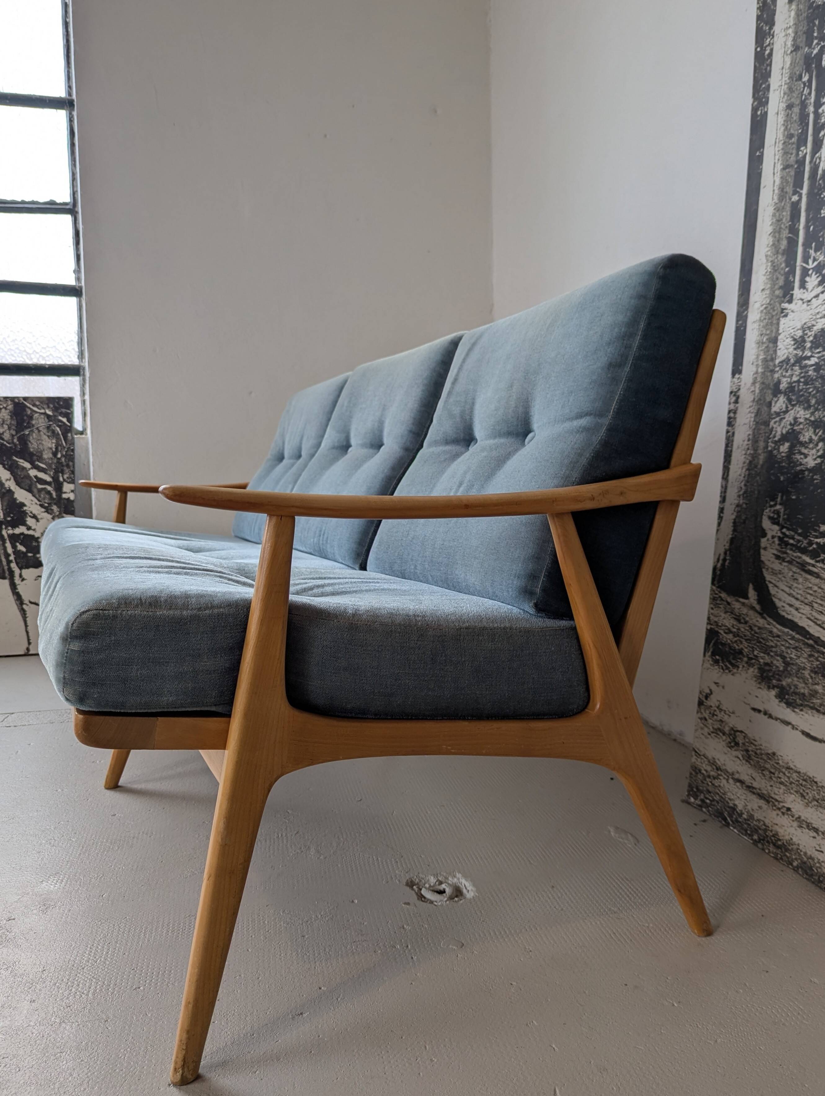 Banquette velours et bois clair, scandinave vers 1960/70