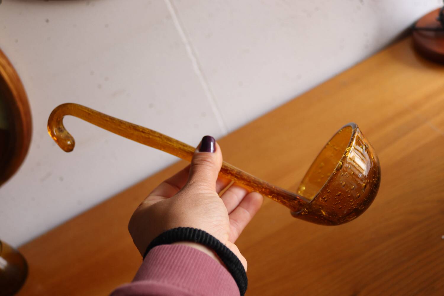 Vintage amber blown bubble glass salad bowl and ladle.