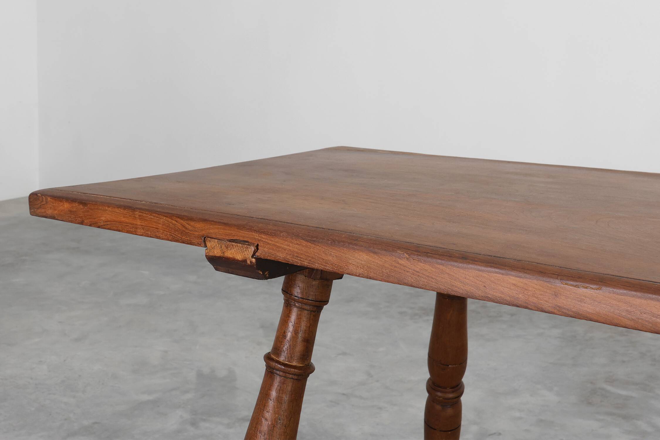 18th‑Century Spanish Walnut Trestle Table with Iron Stretcher