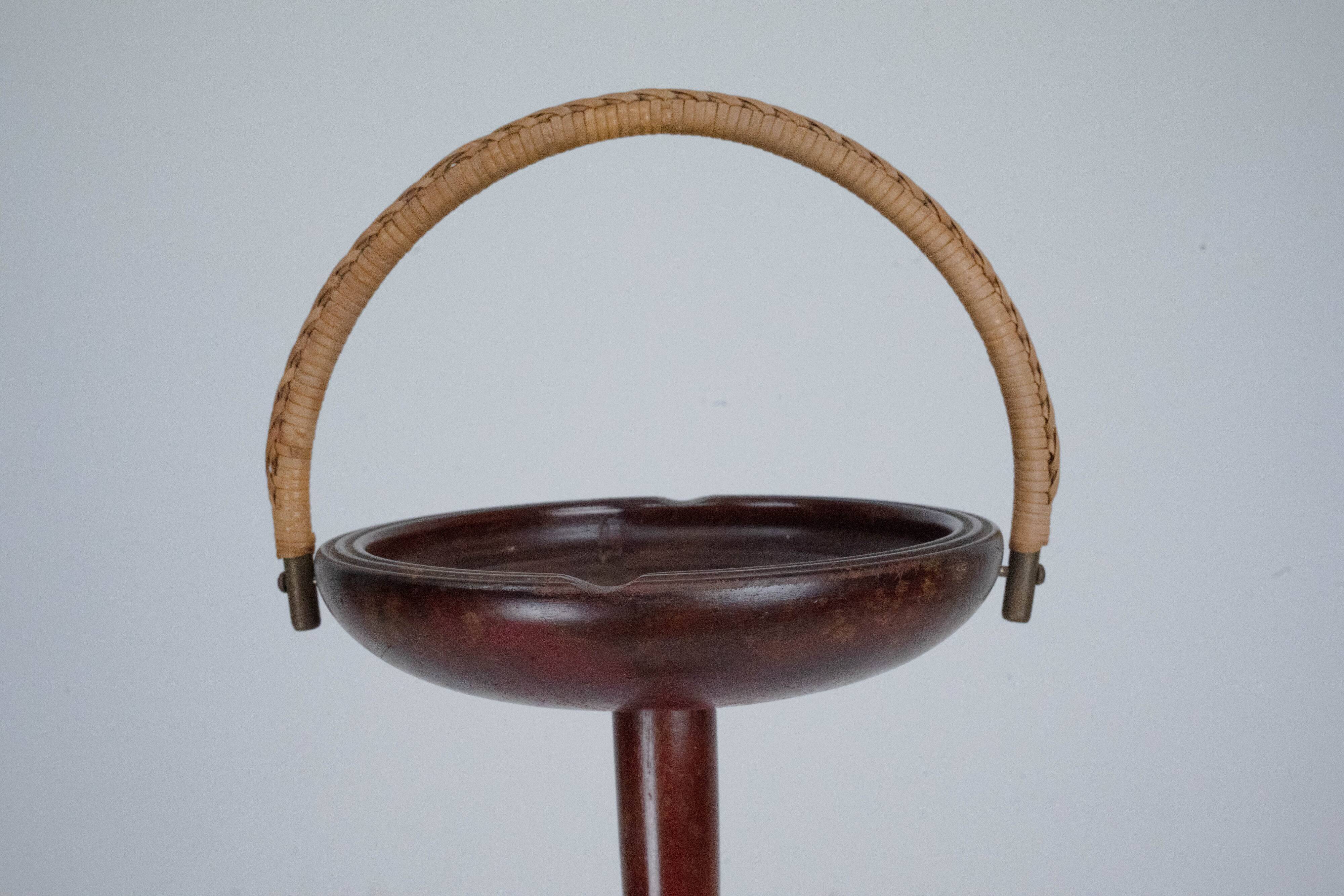 Vintage Wooden Ashtray Stand with Braided Leather Handle. Italy 1950s