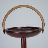 Vintage Wooden Ashtray Stand with Braided Leather Handle. Italy 1950s