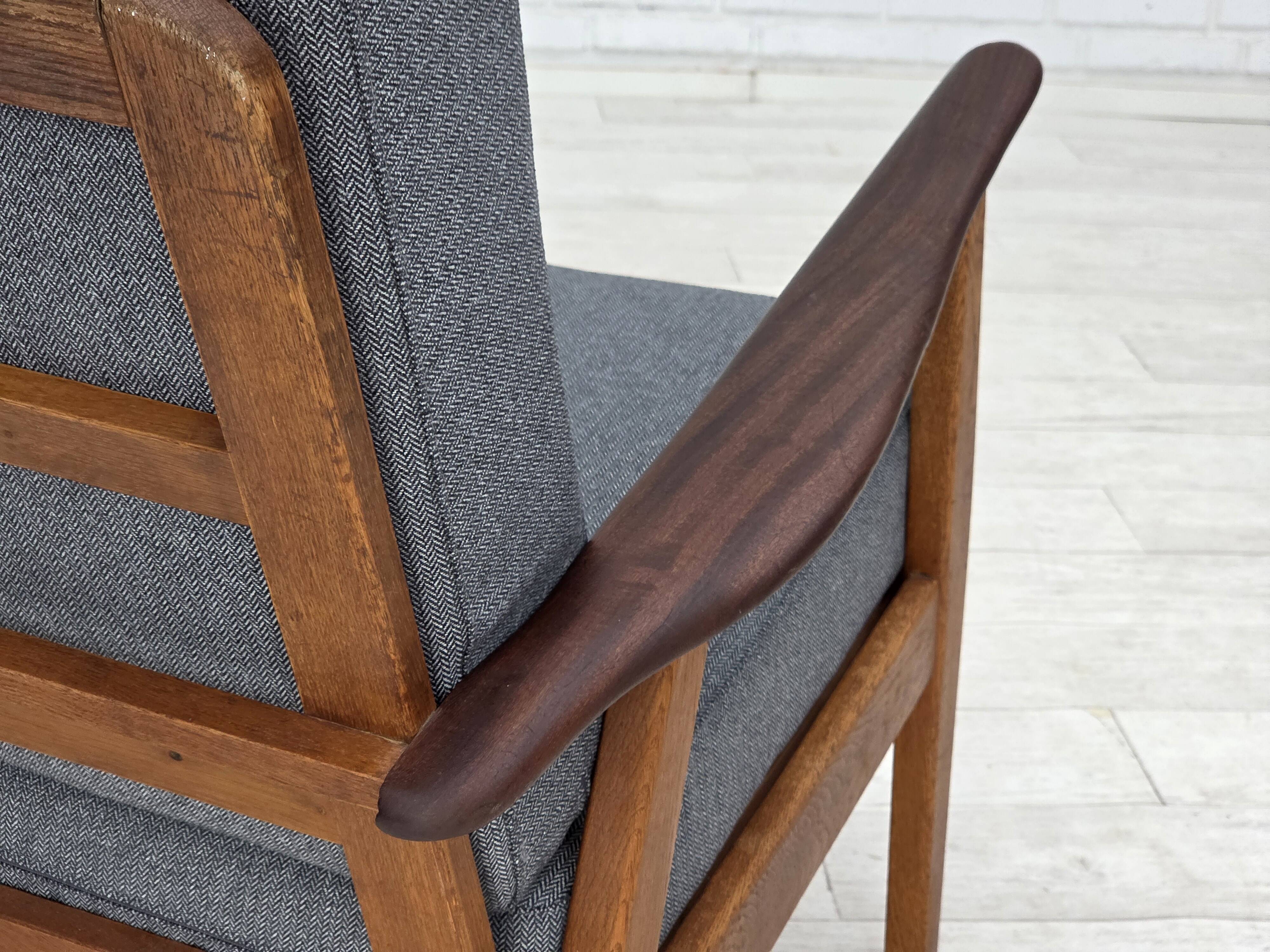 1970s, pair of Danish armchairs, reupholstered, furniture wool, teak, oak.