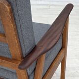 1970s, pair of Danish armchairs, reupholstered, furniture wool, teak, oak.