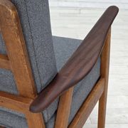 1970s, pair of Danish armchairs, reupholstered, furniture wool, teak, oak.