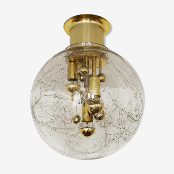 Golden mid-century ice glass ceiling lamp by Doria