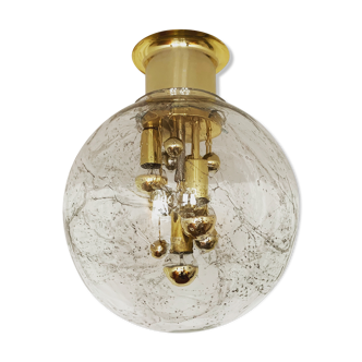 Golden mid-century ice glass ceiling lamp by Doria