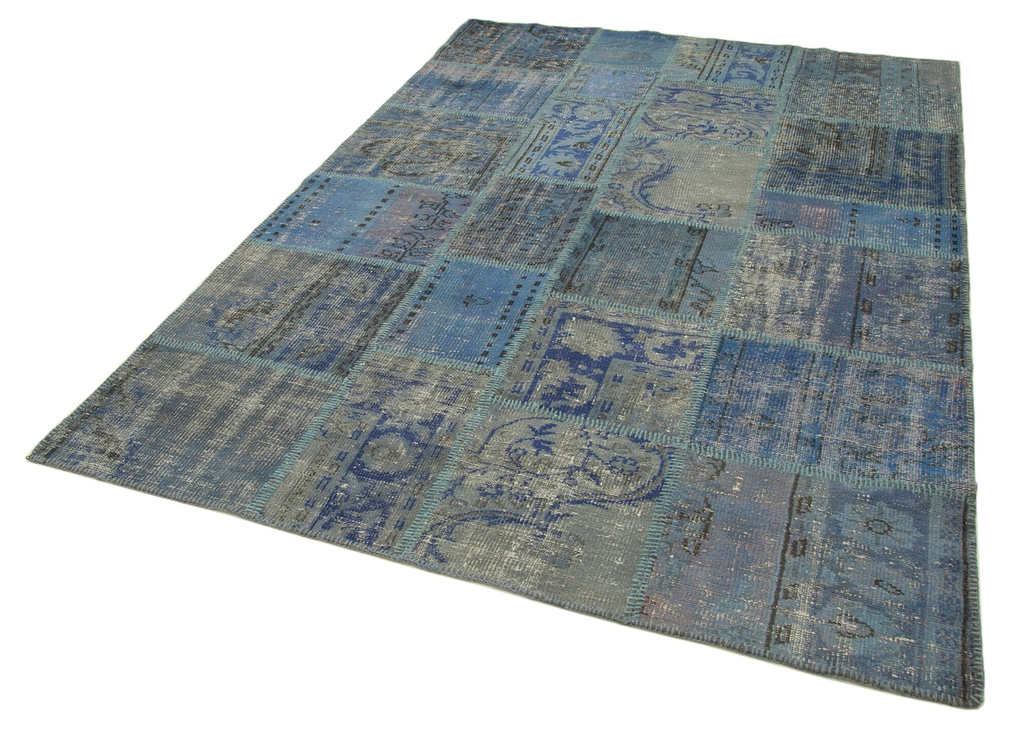 Handwoven oriental vintage 175 cm x 247 cm blue patchwork carpet