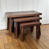 Vintage set of 3 brutalist oak nesting tables 1970