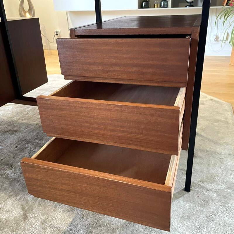 Vintage modernist desk in wood and black with 6 drawers