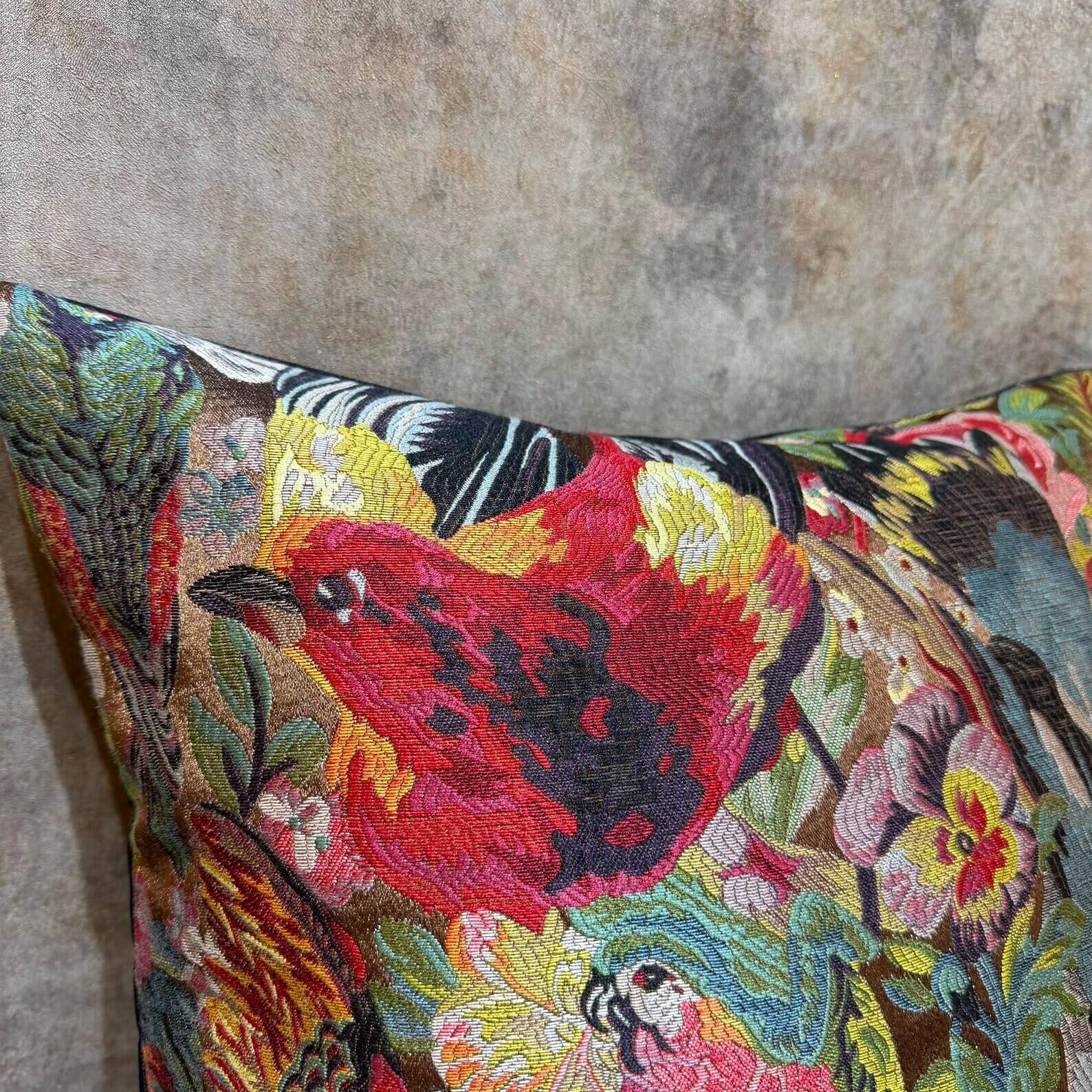 Woven Cushion, Crimson Macaw Parrot Jacquard, Dark Ground Pillow Cover